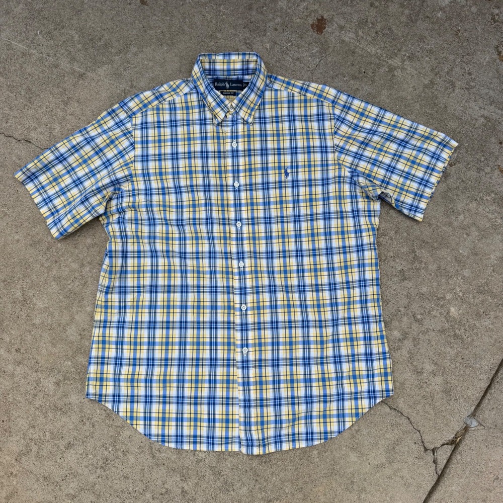 Ralph Lauren Button Down Mens L Blue Yellow Plaid Classic Fit Casual Preppy